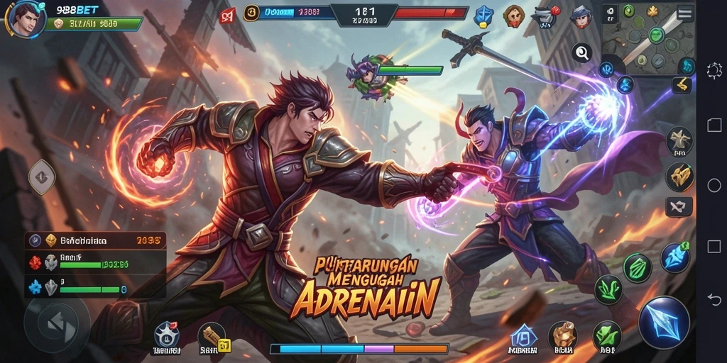 Screenshot 988BET menampilkan karakter bertarung di arena yang epik.