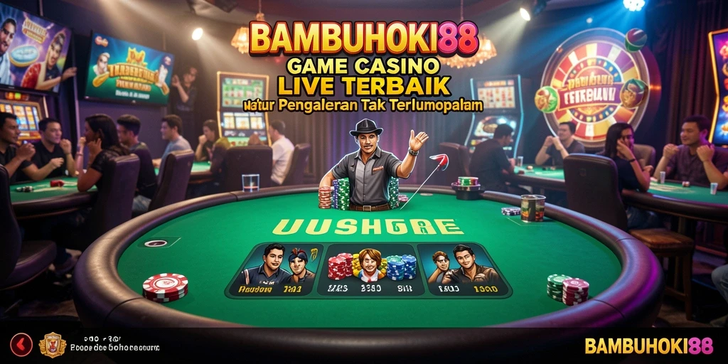 Screenshot utama BAMBUHOKI88 menampilkan dealer dan pemain dalam suasana Live Casino yang autentik.