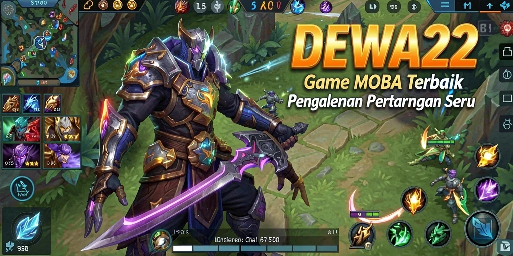 Screenshot DEWA22 menampilkan karakter bertarung di arena MOBA yang dinamis.