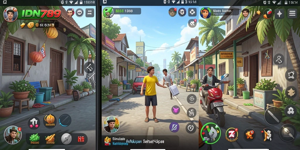 Tangkapan layar gameplay menunjukkan karakter dalam aktivitas sehari-hari.