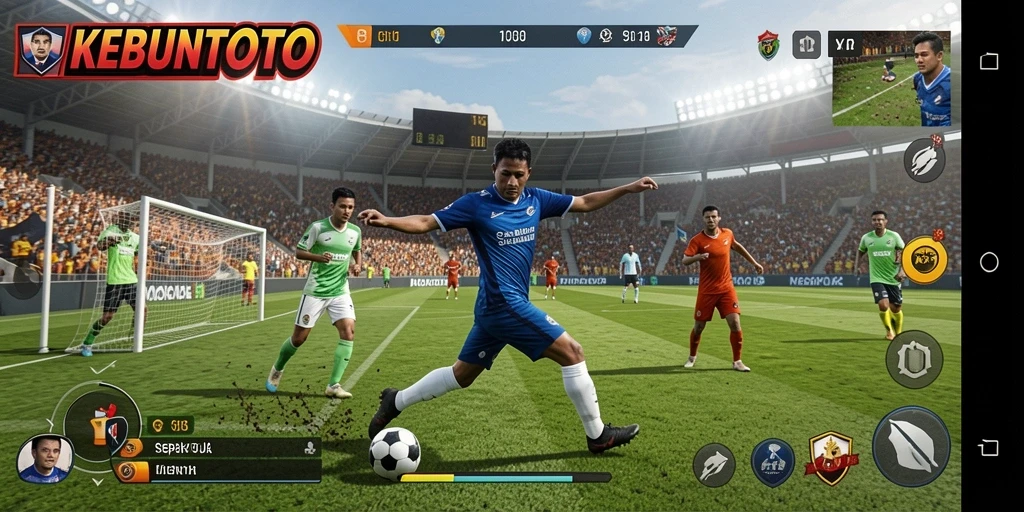 Screenshot gameplay KEBUNTOTO menunjukkan aksi seru dalam pertandingan sepak bola.