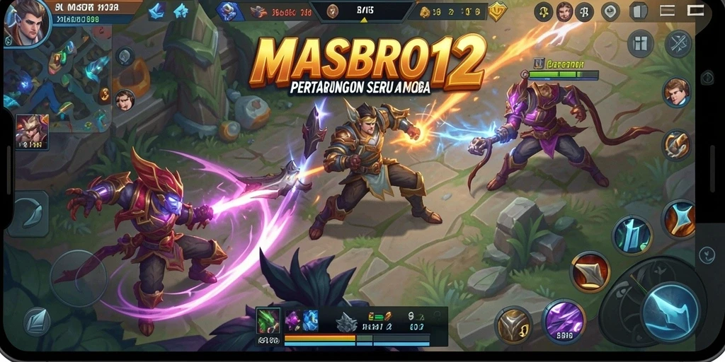 Tampilan screenshot utama MASBRO12 menampilkan pertarungan intens di arena MOBA.