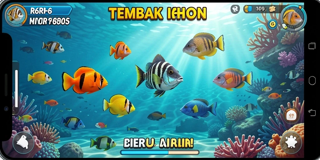 Screenshot R6R6 menampilkan aksi seru menembak ikan di bawah laut.