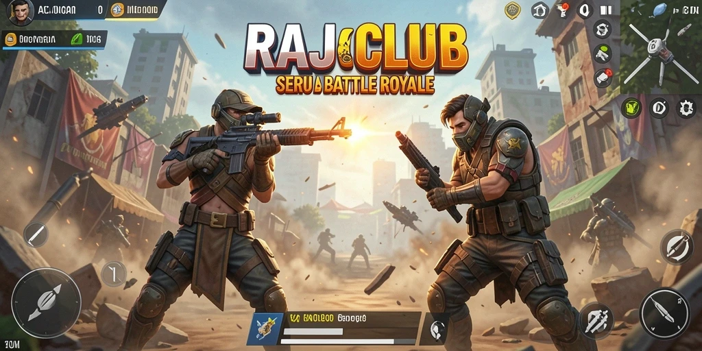Screenshot gameplay RAJACLUB menunjukkan aksi Battle Royale yang mendebarkan.