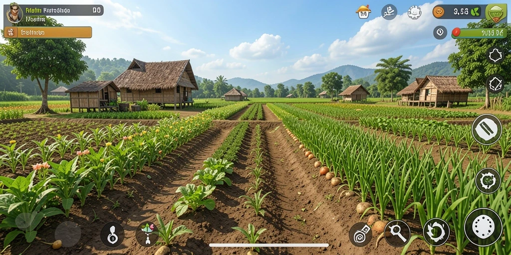 Screenshot T6 menampilkan sesi gameplay bertani yang penuh warna dan aktivitas di ladang.